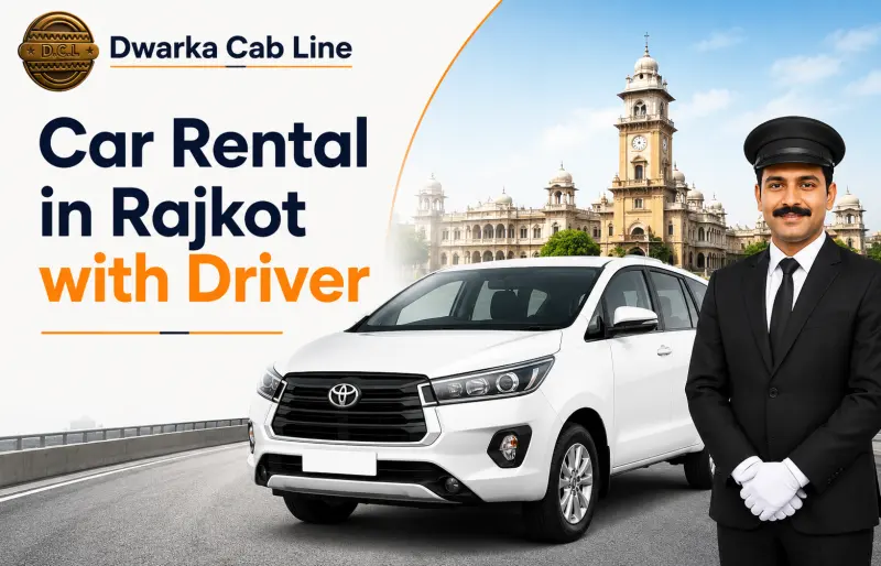 Car rental in Rajkot with driver: a uniformed chauffeur beside a white Toyota Innova